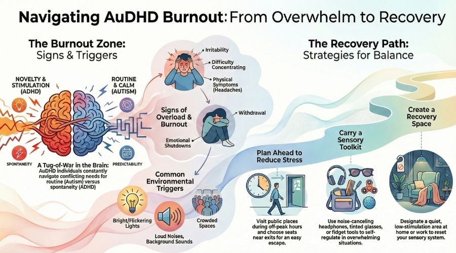 infographic showing the stages of neurodivergent burnout and ADHD burnout recovery strategies