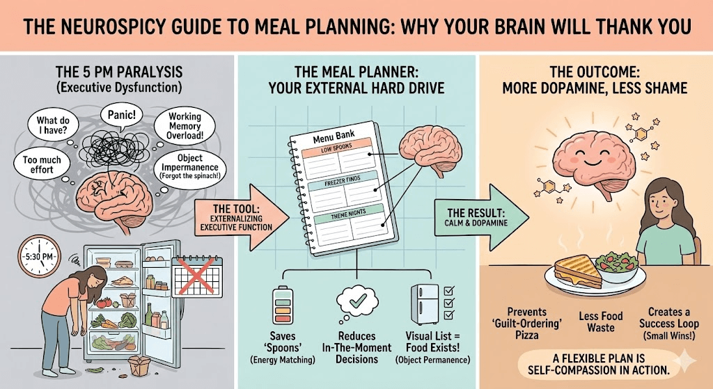 Infographic titled 'The Neurospicy Guide to Meal Planning' illustrating the cycle of executive dysfunction at 5 PM. It shows how using a flexible ADHD meal planner (acting as an 'external hard drive') saves 'spoons', reduces decision fatigue, and helps with object impermanence, leading to a final outcome of reduced shame and increased dopamine at dinnertime.
